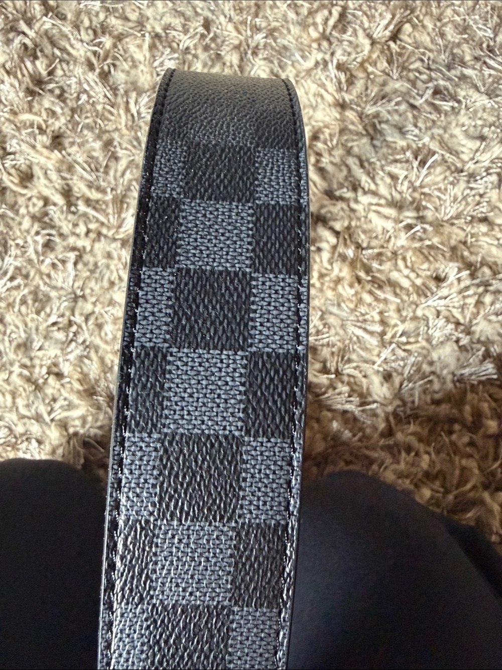Unisex Checker Pattern Leather Belt - Black and gray